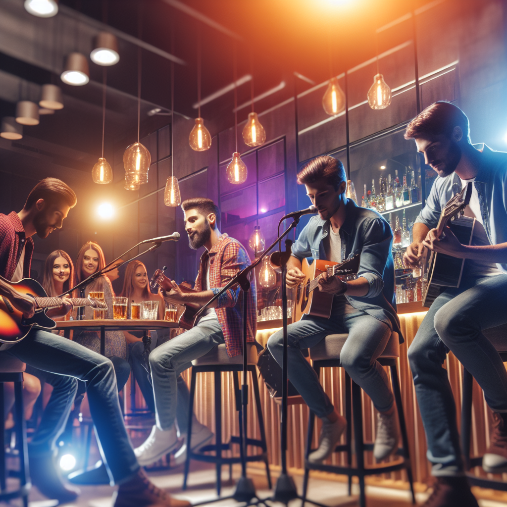 Caucasian musicians performing live at a modern pub